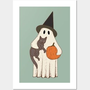 Vintage Ghost with Cat Halloween Graphic Posters and Art